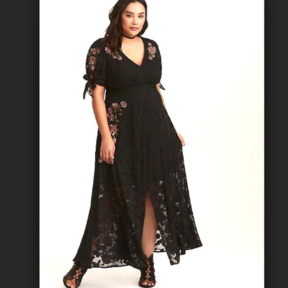 black floral embroidered chiffon maxi dress